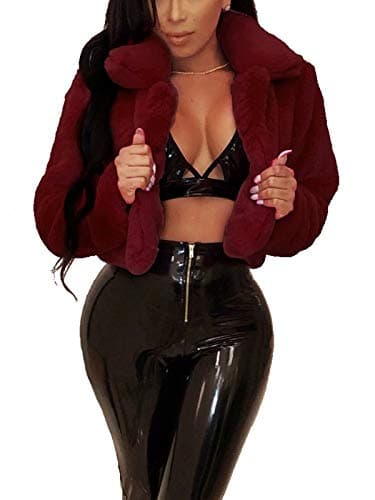 RAMOUG Women Chunky Lapel Outerwear Fur Sweater Party Club Open Front Cardigan Hoodless Hoodie Wine Red XL - Image 1