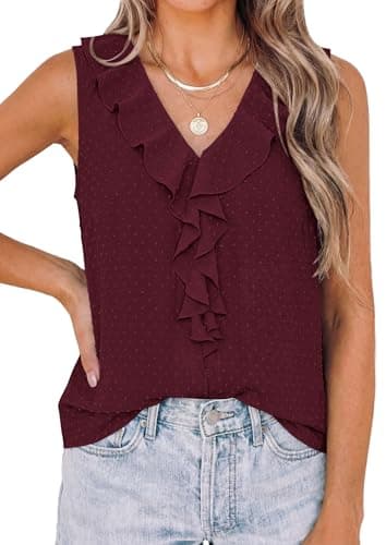 PRETTYGARDEN Womens Tank Tops 2026 Summer Dressy Casual Blouses Sleeveless Ruffle V Neck Swiss Dot Button Down Work Shirts (Burgundy,Small) - Image 1