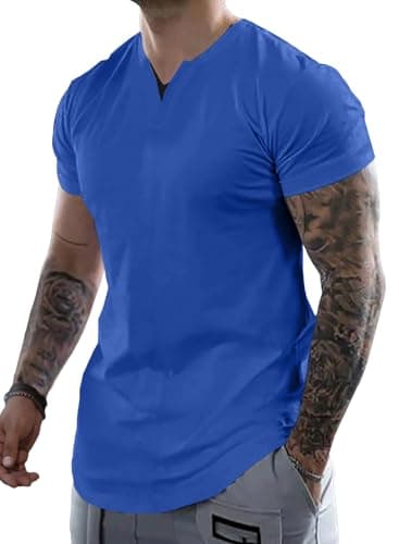 JMIERR Mens V-Neck Slim Shirt for Men Workout Gym Athletic Shirt Summer Short Sleeve Dark Blue Shirt, M - Image 1