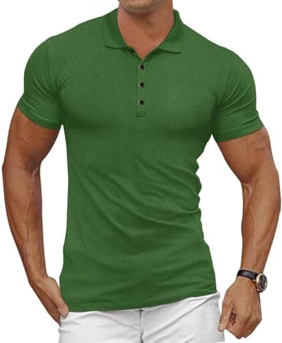 Gnvviwl Men's Casual Polo Shirts Classic Button Basic Short Sleeve Waffle Solid Fit Golf Tees Stylish Tops Green - Image 1