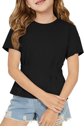 ZDC Girls Pleated Short Sleeve T Shirts Summer Crewneck Tops Casual Cute Basic Tees 5-14 Years Black - Image 1