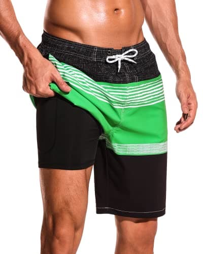 SILKWORLD Mens Swim Shorts Active Surf Swim Trunks with Drawstring Sportwear Knee Length Volley Comfort Liner, Black+Green+White, Large - Image 1