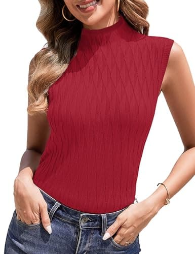 Totatuit Sleeveless Turtleneck Tops for Women Mock Turtle Neck Sweater Vest Casual Knit Pullover Tank Top 2025 Trendy Clothes Red XL - Image 1