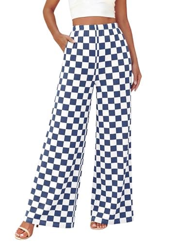BTFBM Womens Checkered Palazzo Pants Wide Leg High Waisted Pockets Gingham Casual Lounge Pajama Trousers Summer Outfits(Plaid Grey Blue,Small) - Image 1