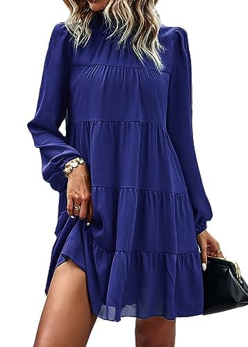 KIRUNDO Long Sleeve Baby Doll Dresses Women 2026 Casual Spring Summer Ruffle Mock Neck Tiered Mini Flowy Swing Shift Dress(Blue, Large) - Image 1