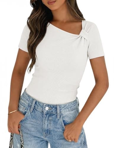 MEROKEETY Women's Summer Asymmetrical Short Sleeve Tops 2026 Casual Dressy Ruched Fitted Y2K Going Out Date Night T Shirts, White, XL - Image 1