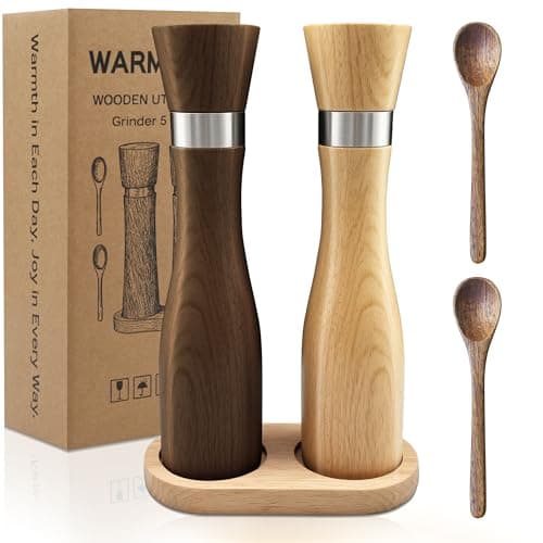 WARMKEY Solid Beech Wood Salt & Pepper Grinder 5PC Set, 9.25inch Manual Mills with Tray & Wooden Spoons, Adjustable Coarseness Ceramic Core,Refillable Non-Slip Base for Kitchen Countertop Dining Decor - Image 1