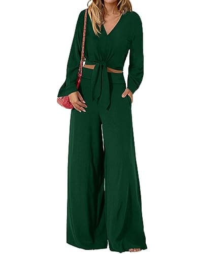 PRETTYGARDEN Women's 2 Piece Outfits 2025 Fall Fashion V Neck Long Sleeve Strappy Crop Top Wide Leg Pant Lounge Sets(Drak Green,Large) - Image 1