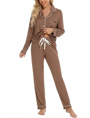 Leikar Modal Pajamas Women Soft Long Sleeve Sleepwear Postpartum Pjs Lounge Sets XL Brown - Image 1