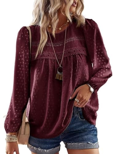 Falechay Mulberry Tops for Women Long Sleeve Fashion Tunic Tops Loose Flowy Winter Shirts Crewneck Chiffon Swiss Dot Blouses Fit Boho Clothes XXXL - Image 1