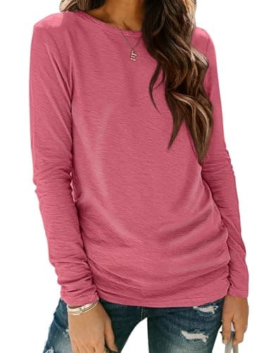 ATHMILE Womens Long Sleeve T Shirts Crewneck 2026 Fall Trendy Spring Tops Tunic Outfits Fitted Shirts Basic Tee Hot Pink - Image 1