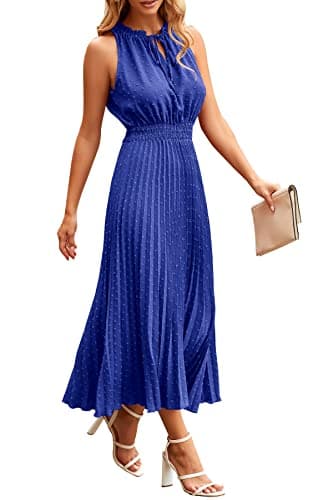 PRETTYGARDEN Women's Midi Summer Dresses Casual V Neck Swiss Dot Ruffle Sleeveless A Line Beach Sun Dress (Blue,Small) - Image 1
