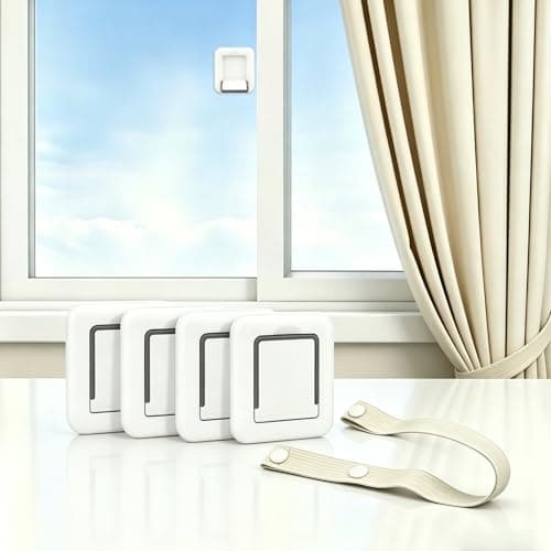Sliding Glass Door Child Lock 4 Pack | 3M Adhesive No Drill 10s Install Upgraded Solid ABS, Baby Proof Lock for Patio Door, Closet, Horizontal & Vertical Sliding Window | Keep Toddlers Pets Safe