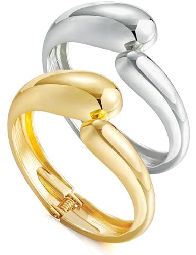 Gold Silver Chunky Bangles Bracelet for Women Trendy, 14K Gold Plated 2 Pcs Dainty Thick Cuff Bracelet Stack