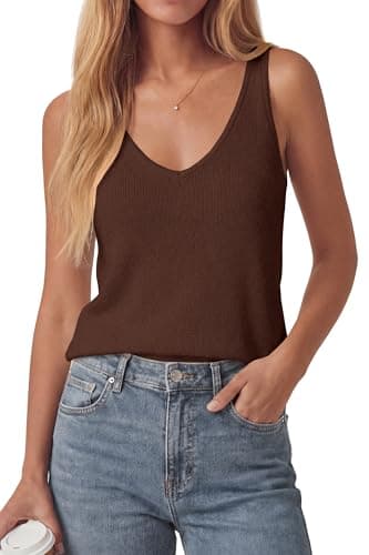 PRETTYGARDEN Women Summer Tank Tops 2026 Basic Sleeveless V Neck Lightweight Knit Beach Vacation Clothes Going Out Top(Brown,Small)