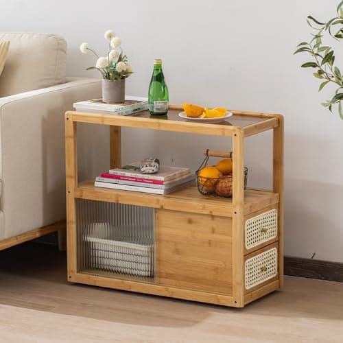 SOBIBO Bamboo Side Table Nightstand with Rattan Drawer & Glass Top – Multi-Function End Table, Nightstands with Storage for Bedroom, Living Room, and Small Spaces, Nature - Image 1