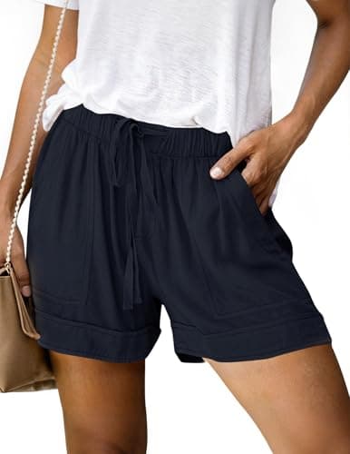 NILOINE 2026 Summer Drawstring Shorts for Women Elastic Waist Lightweight Women Shorts Solid Lounge Short Pants(Navy Blue,XX-Large) - Image 1