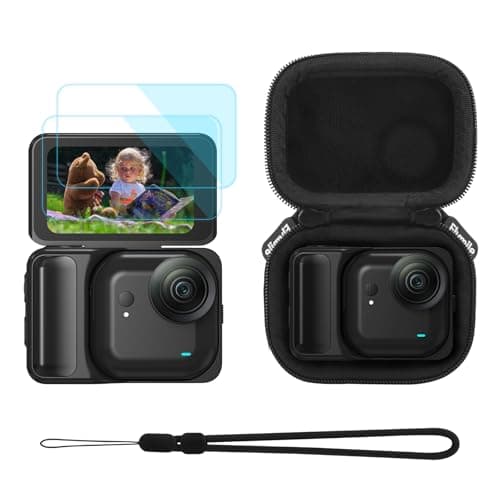 Flymile Small Carrying Case + 2 Pack Screen Protector for Insta360 GO Ultra, PU Hard Portable Travel Storage Bag With Carabiner & Wrist Strap, Tempered Glass Film Protective Lens Cover Accessories Kit - Image 1