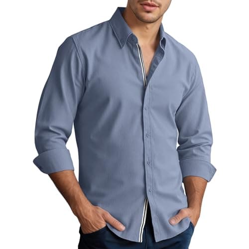 Men's Shirt Casual Stylish Long Sleeve Untucked Button Down Shirt Winter Spring Mens Dress Shirts Blue - Image 1