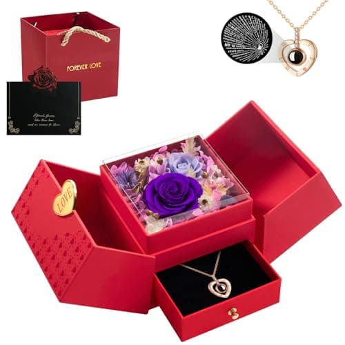 Tyvouflo Preserved Roses Forever Flowers with Heart in 100 Languages Mom Necklace Birthday Gifts for Her Wife Girlfriend Grandma on Valentines Christmas Anniversary Romantic-Purple - Image 1