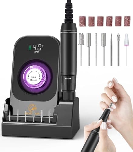 Portable Nail Drill Electric File: 40000RPM Professional Nail E-File for Acrylic Nails Remove Nail Gel Polish Manicure, Rechargeable Cordless Nail Drill Machine with Bits & Base for Salon Home, Black - Image 1