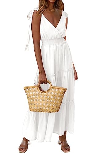 PRETTYGARDEN Women's Cross Neck Summer Sleeveless Tiered Maxi Dress Beach Tie Strap Smocked Long Dresses Pleated Sundress (White,X-Large) - Image 1
