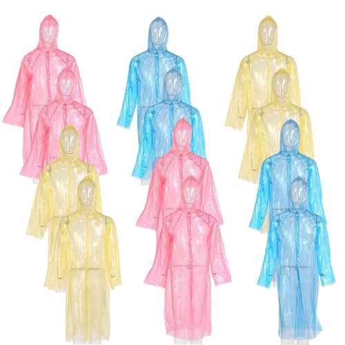 12 Pack Clear Rain Ponchos with Hood for Adults, Family, 3 Colors 51.1 Inches Emergency Raincoats (12, Red& Yellow& Blue) - Image 1