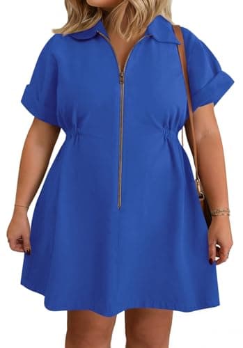 Beautife Women's Plus Size Shirt Dress Short Sleeve Zip Up Lapel Summer Casual Mini Dresses with Pockets Blue - Image 1
