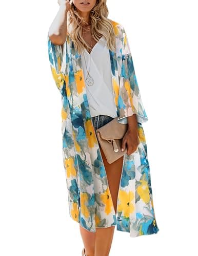 MayBuy Kimonos for Women Swimsuit Coverups Beach Cover Up Swimwear Long Flowy Chiffon Cardigan Summer Boho Open Front Cover Up Big Flower Folds XXXL - Image 1