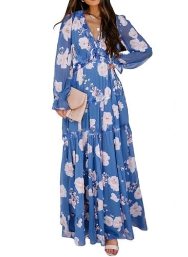 BLENCOT Women's Casual Boho Floral Printed Deep V Neck Loose Long Sleeve Long Evening Dress Ruched Cocktail Party Maxi Wedding Dress Blue White X-Large - Image 1