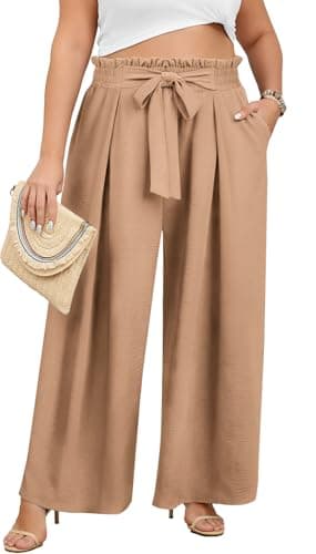 Lastshe Women's Plus Size Pants Wide Leg Work Casual Palazzo Flowy Elastic High Waisted Tie Knot Trousers with Pockets, Khaki, 1X - Image 1