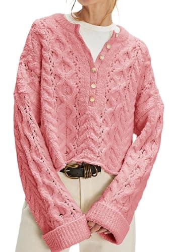 Jenkoon Women's Cable Knit Sweater Oversized Crop Knit Pullover Chunky Crew Neck Long Bell Sleeves Button Front Sweaters(Pink,XL) - Image 1
