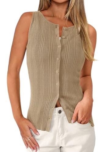 PRETTYGARDEN Ribbed Tank Tops for Women Summer 2026 Button Down Sleeveless Shirts Y2K Fashion Clothing Going Out Vest Top(Camel,Medium) - Image 1
