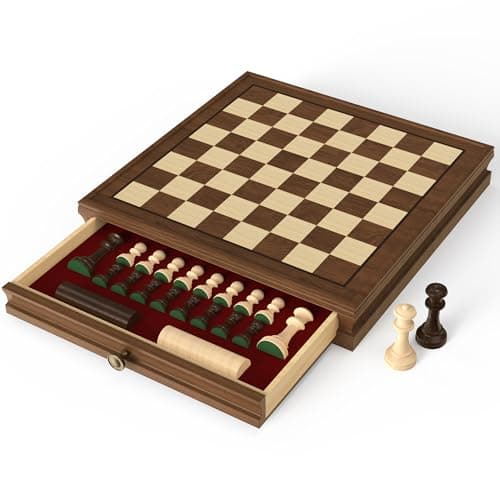 Premium Natural Walnut 13" x 13" Magnetic Wooden Chess Set with 1 Built-in Storage Drawers - 2 Bonus Extra Queens - 24 Checkers Pieces - Staunton Chess Pieces, Board Games Chess Sets - Image 1