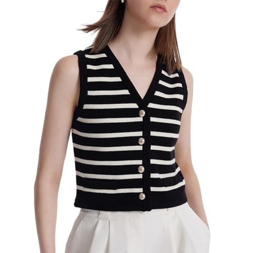 GOELIA Women's Sweater Vest Striped Tank Top V Neck Button Front Sleeveless Cardigan Lightweight Going Out Top Knitted Dressy Spring Summer Work Office Outfits Valentines Day Gift - Image 1