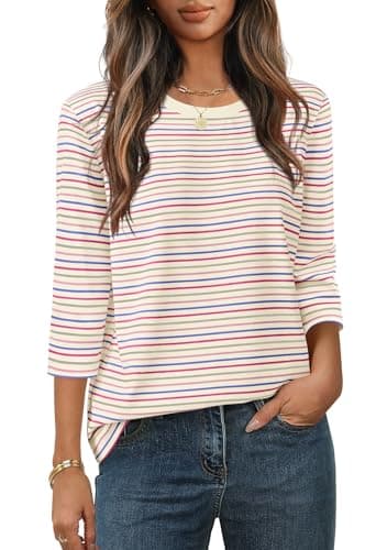 MEROKEETY Women's 2025 Casual 3/4 Sleeve Tops Blouse Crewneck Colorful Striped Fall Loose Shirt, Beige, Medium - Image 1