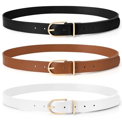 SUOSDEY 3 Pack Womens Fashion Leather Belts for Jeans Dresses Pants Black Brown Beige Ladies Belts with Gold Buckle