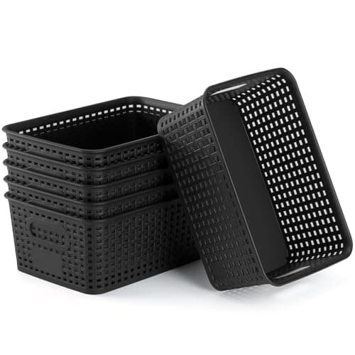 Plastic Storage Baskets 6 Pack Sturdy Storage Organizer Basket Woven Plastic Storage Bins for Shelves,Closet,Countertops, Desktops, Cabinets and Badrooms,Saving Storage, Stylish Design,Black - Image 1