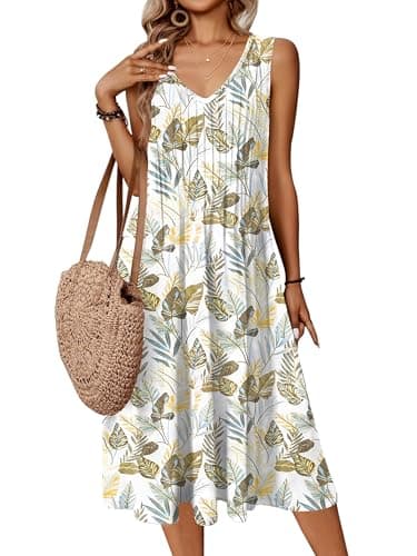 Zeagoo Women Summer Pleated Flowy Sundress A Line Beach V Neck Vacation Dresses with Pockets Midi Tropical Cruise 2026 Spring Hawaii Tank Casual Tshirt Dress White Green L - Image 1