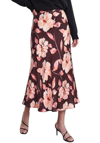BTFBM Satin Skirts for Women 2025 Fall High Waisted A-Line Leopard Print Cocktail Wedding Long Silk Summer Midi Skirt(Floral Brown Pink, Large) - Image 1