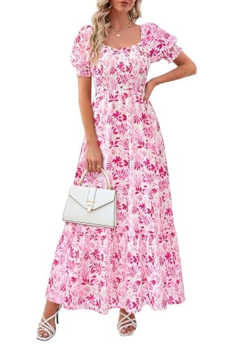 PRETTYGARDEN Women's Floral Boho Maxi Dresses Flowy Short Sleeve A Line Smocked Eyelet 2026 Summer Beach Vacation Clothes (Leaves Pink,Small) - Image 1