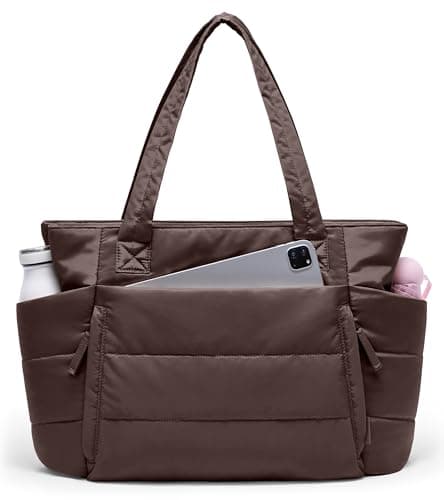 Tote Bag for Women with Zipper, Quilted Puffer Tote Bag with Compartments, Lightweight Puffy Work Bags for Women Travel (Dark Brown) - Image 1