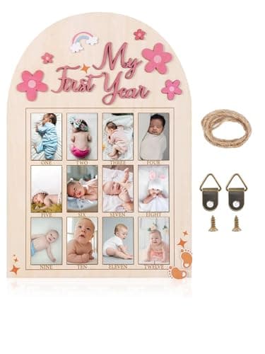 DegoCython Baby First Year Picture Frame - 2D Daisy Wooden 12-Month Photo Display, Newborn Nursery Decor Banner, Ideal Gift for Baby Shower & First Birthday