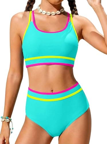 Girls Mint Green Swimsuit Size 14-16 Bathing Suits for Teens Two Piece Trajes De Baño para Niñas Mint Green Swim Neon Color Block Sport Bikini Sets Adjustable Double Straps Padded Modest Swimwear - Image 1