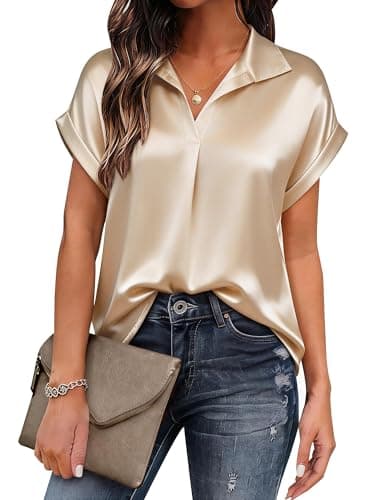 Chulianyouhuo Womens Silk Satin Tops V Neck Dressy Shirts Collared Work Blouse Summer Business Casual Shirt Light Gray - Image 1