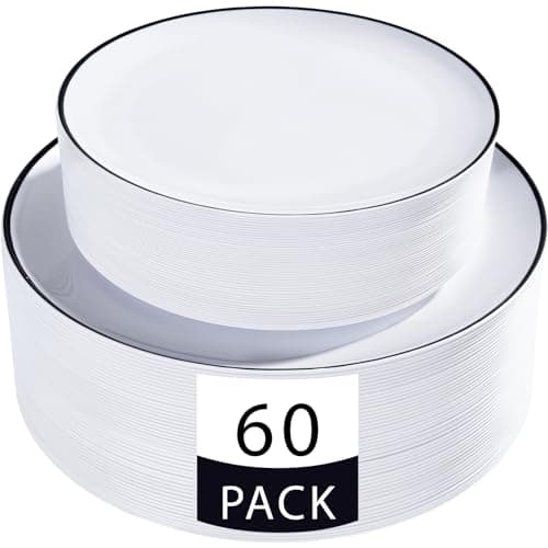 LIYH 60 Pcs White Plastic Disposable Plates for Party With Black Rim - White and Black Plates Includes 30 Dinner 10.25" & 30 Appetizer/Dessert Plate 7.5" for Wedding Party Birthday