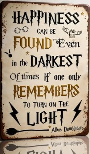Annekilly Happiness Can Be Found Even In The Darkest Metal Signs, Vintage Magic Sign for Movie Wizard Theme Lovers Office Decor Motivational Room Wall Decor 12x8 Inch