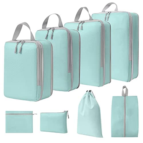 WOOMADA Compression Packing Cubes for Suitcases Travel Essentials 8 Set Expandable Travel Bags Organizer for Luggage(turquoise) - Image 1