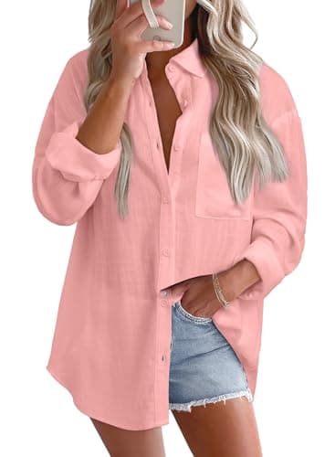 Astylish Womens Plus Size Clothing Solid Casual Tops Spring Summer Cotton Linen Button Up Shirt Oversized Chambray Roll Up Long Sleeve V Neck Breathable Blouse with Chest Pocket Light Pink XX-Large - Image 1