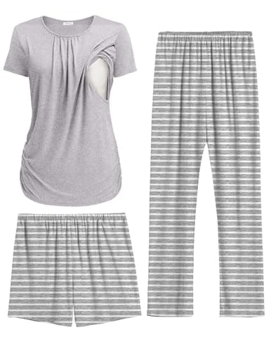 Ekouaer Maternity Nursing Pajamas Set Postpartum Lounge Breastfeeding Pjs Pregnancy Shorts & Pants Light Gray Stripe XL - Image 1